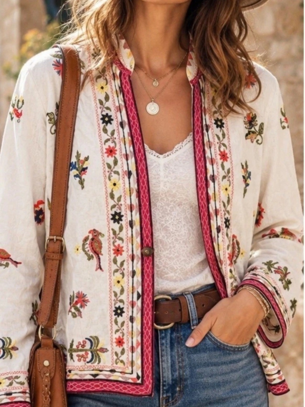 Zara Cream Embroidered Jacket with Pink Trim M